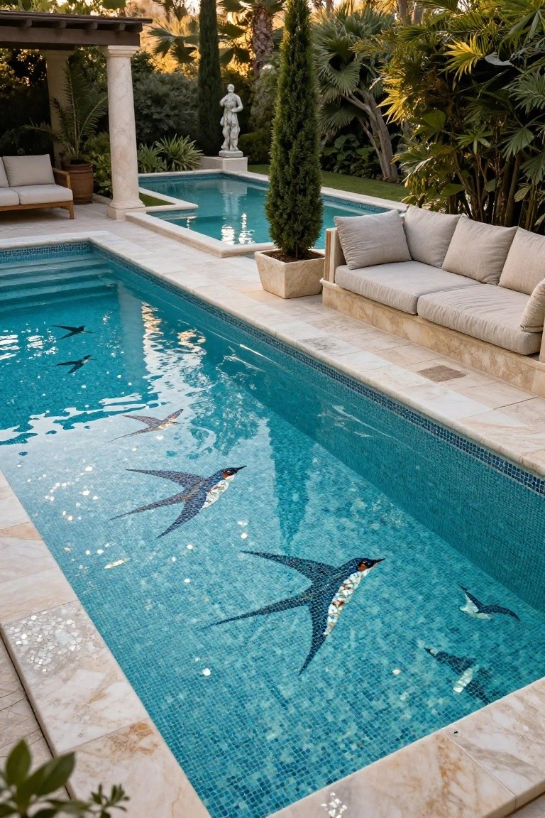 23 Luxury Pool Mosaic Ideas That Add Artistic Detail Rectangular infinity-edge swimming pool with blue mosaic tiles depicting flying swallows on the floor and steps, travertine decking, nearby lounge seating, potted plants, and palm trees in a lush garden setting.