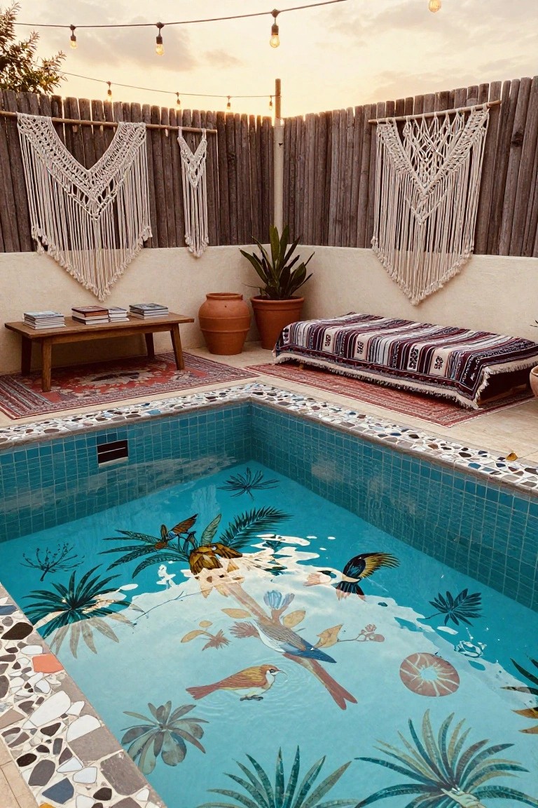23 Luxury Pool Mosaic Ideas That Add Artistic Detail Small turquoise pool with colorful mosaic tiles on the bottom showing tropical birds, palm fronds, shells, and plants, edged by pebble borders, with nearby wooden daybed covered in striped blanket, potted plants, terracotta pots, woven rugs, macrame hangings on wooden fence, and string lights overhead.