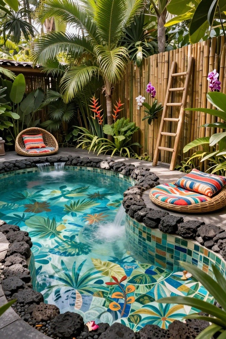23 Luxury Pool Mosaic Ideas That Add Artistic Detail Small oval pool with turquoise and green mosaic tiles featuring tropical leaf and plant patterns, surrounded by black lava rock edging, rattan lounge chairs with cushions, and lush tropical plants with bamboo fencing.
