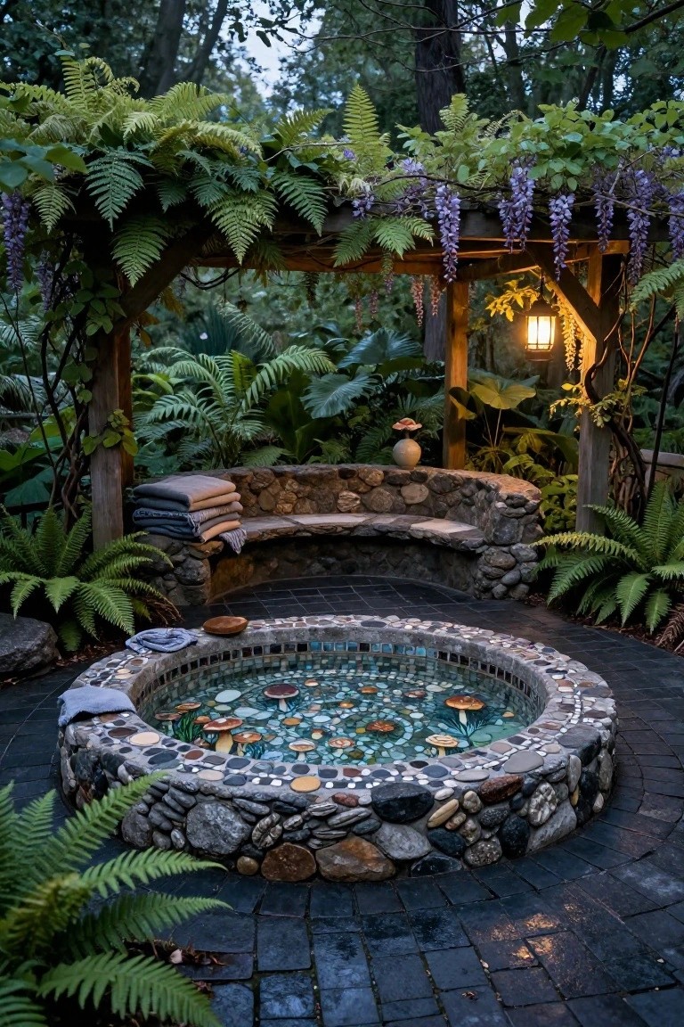 23 Luxury Pool Mosaic Ideas That Add Artistic Detail Circular stone-lined hot tub with colorful mosaic tiles depicting mushrooms and plants underwater, surrounded by ferns and rocks under a wooden pergola in a lush garden at dusk.