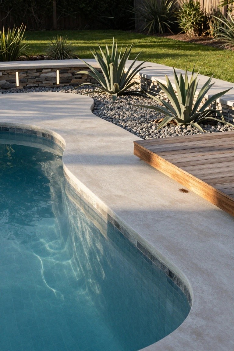 Curved inground pool with light concrete deck, blue water, agave plants in pebble mulch beds adjacent to the edge, stone retaining wall with lights, and wooden deck platform at one end.