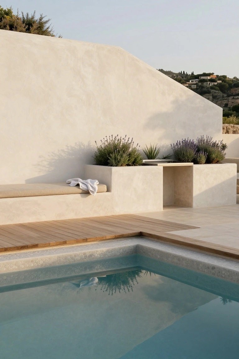 White stucco built-in bench flanked by large rectangular planters with lavender plants, positioned along the edge of a turquoise inground pool with wood decking and tiled surround, set against a beige wall and hillside landscape.