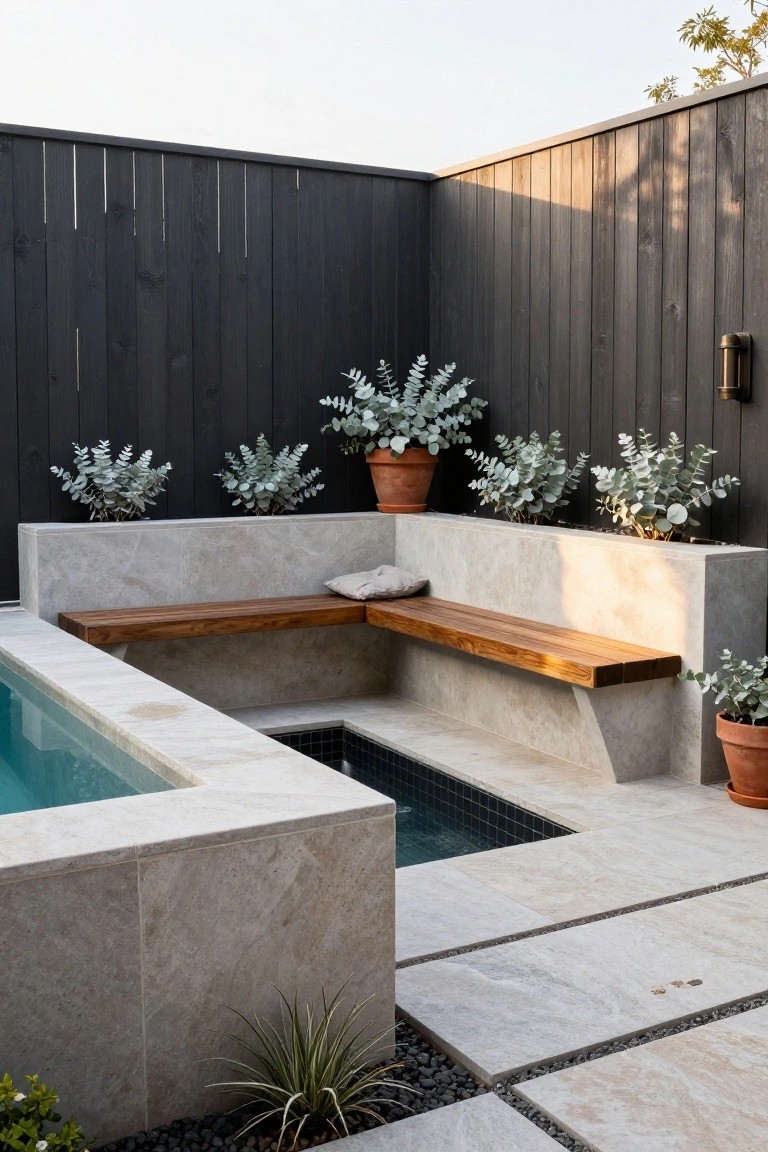 Corner inground pool with built-in wooden bench on travertine base, black timber fence, potted silver dollar eucalyptus plants, and pebble ground cover.