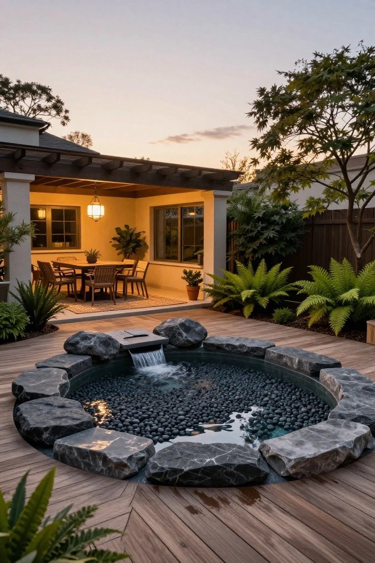 Circular inground hot tub with black pebbles, natural stone edging, and small waterfall on a wooden deck, next to an outdoor dining patio with plants and trees at dusk.