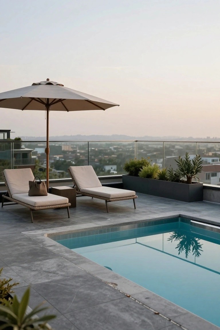 Rooftop terrace with a small rectangular inground pool, two beige lounge chairs under a beige umbrella, potted plants in black planters, gray tiled decking, and cityscape view in the background.