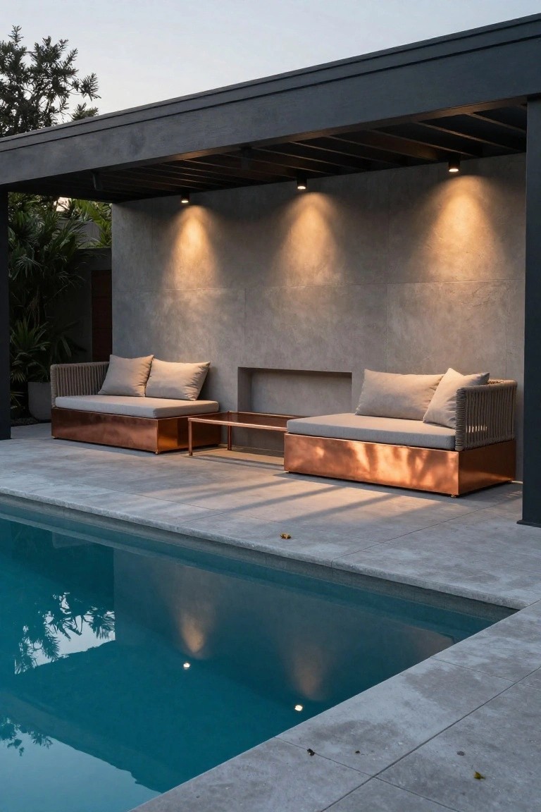 Poolside lounge area with two low copper-based rope daybeds with beige cushions, a matching copper and glass table, recessed wall fireplace, recessed ceiling lights, under a dark wood pergola structure next to a turquoise inground pool on gray concrete decking.