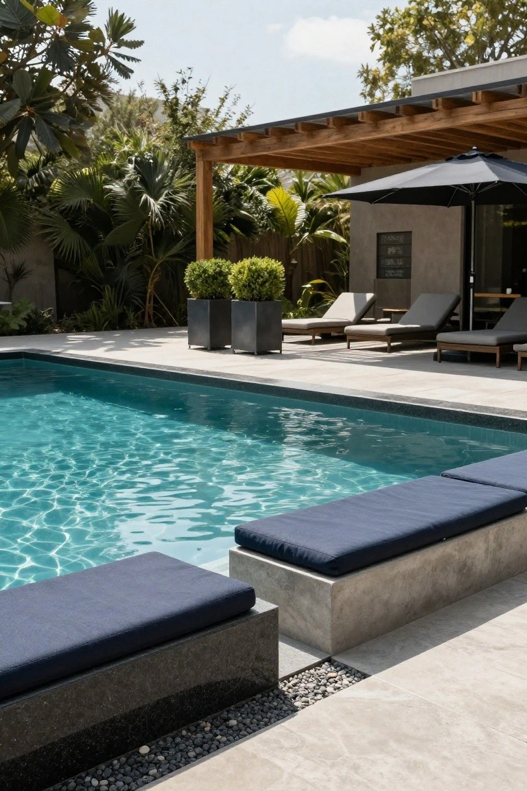 Turquoise inground pool with built-in concrete benches and navy cushions along the edge, gray tile decking, black stone details, tropical plants, lounge chairs, pergola, and black umbrella nearby.