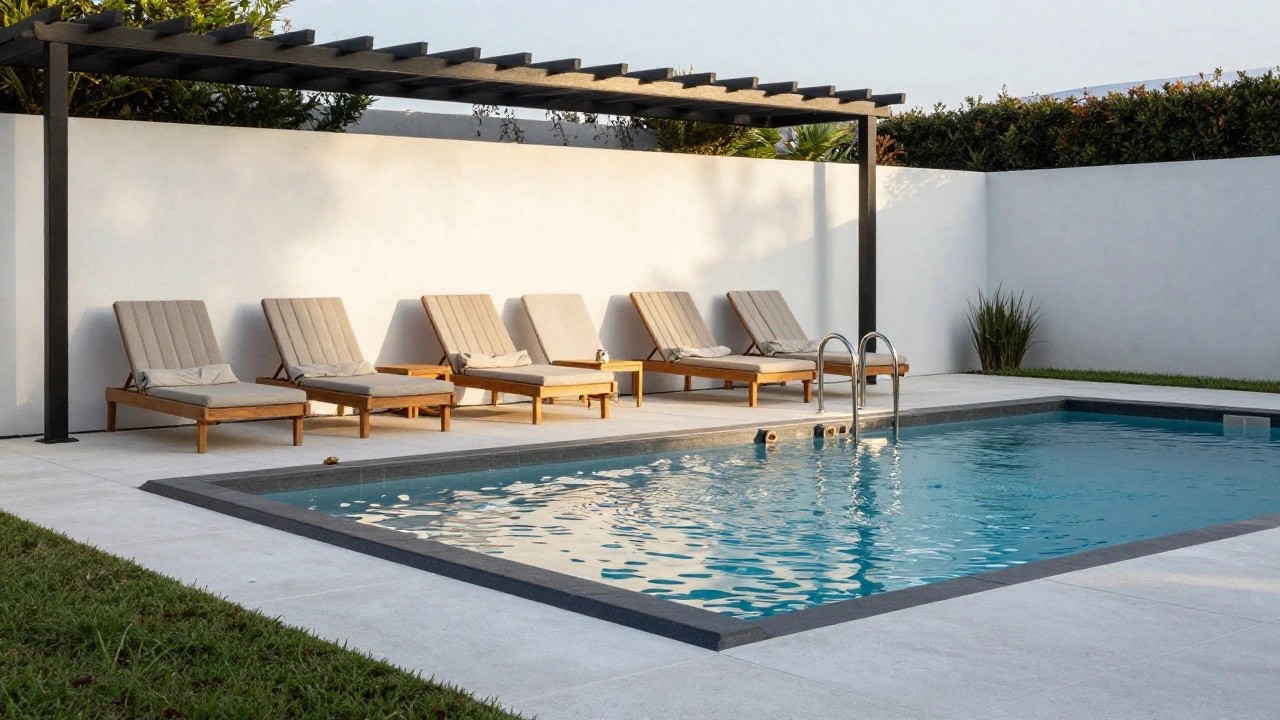 Row of beige-cushioned wooden lounge chairs aligned along the edge of a blue inground pool, next to a white stucco wall under a dark cantilevered roof, with concrete decking, sparse grass tufts, and black fence in the background.