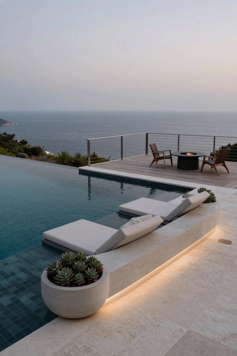Infinity edge inground pool with white floating loungers along the edge, adjacent wooden deck featuring a round fire pit and two chairs, overlooking the ocean with plants in white pots on travertine paving at dusk.
