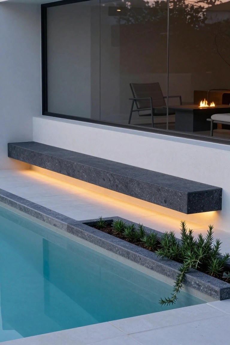 Dark stone cantilevered bench along the edge of a turquoise inground pool with white tile coping, yellow LED underlighting on the bench, adjacent planter with rosemary plants, next to a white modern house featuring large glass walls and an indoor gray seating area with fire pit.