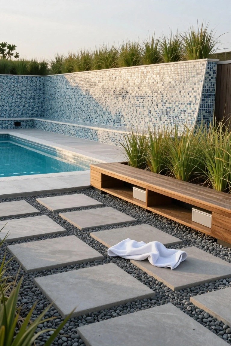 Turquoise inground pool beside a blue mosaic tiled wall, wooden bench with open storage cubbies and planted grasses, gray paver path over pebble ground cover, white towel on the pavers.