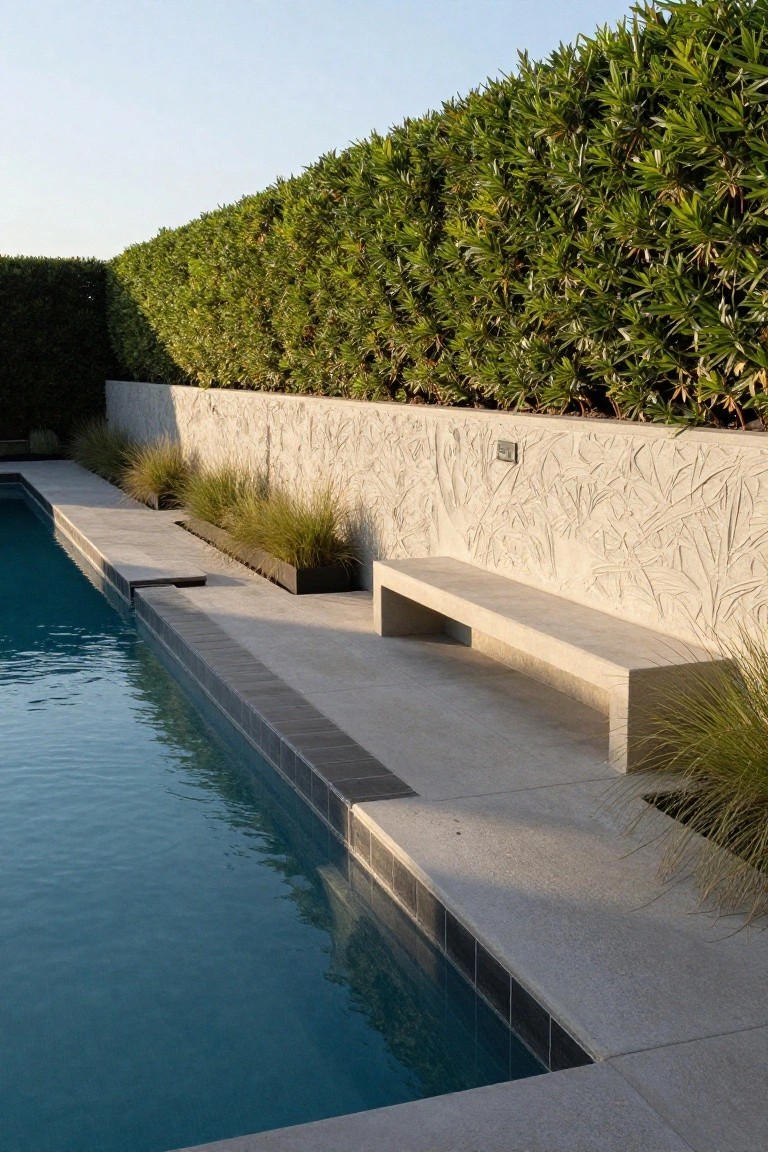 Modern inground pool edged in dark tiles and light stone decking, with a built-in concrete bench against a textured white wall and grasses nearby, backed by a tall green hedge.