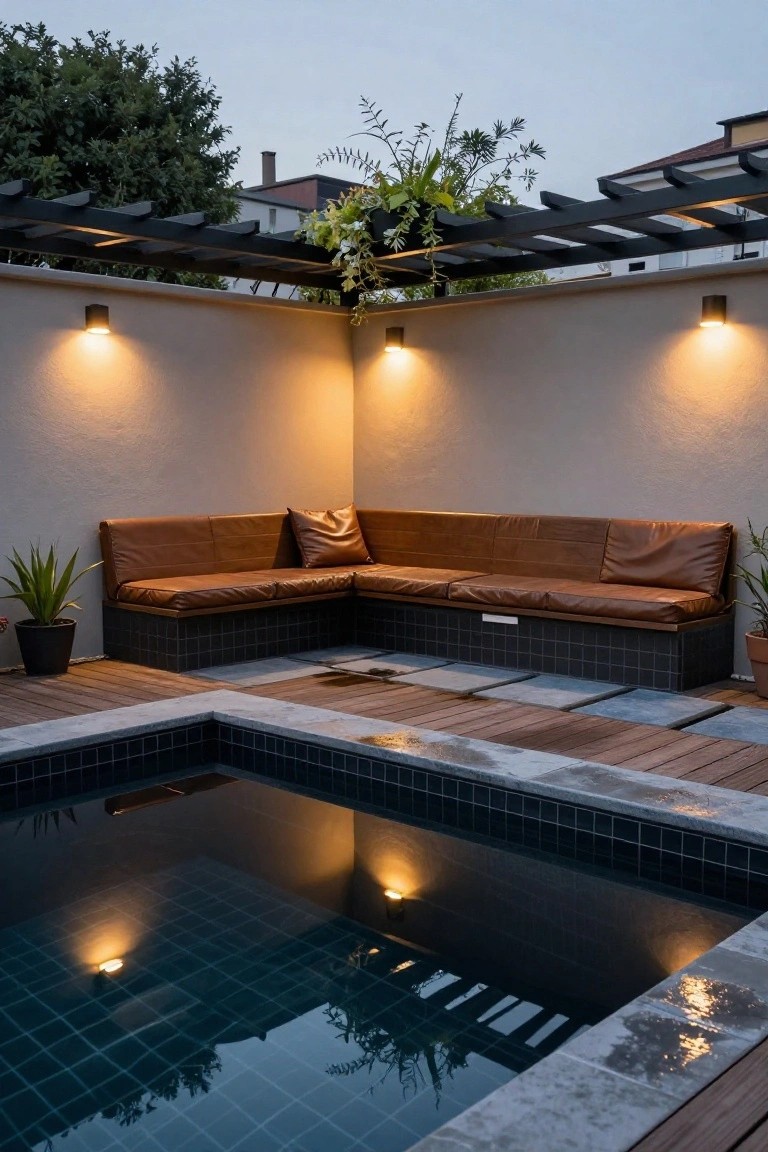 L-shaped tan leather bench built against a small rectangular dark-tiled inground pool in a corner outdoor patio with white walls, wooden decking, wall lights, potted plants, and black pergola with hanging vines overhead.
