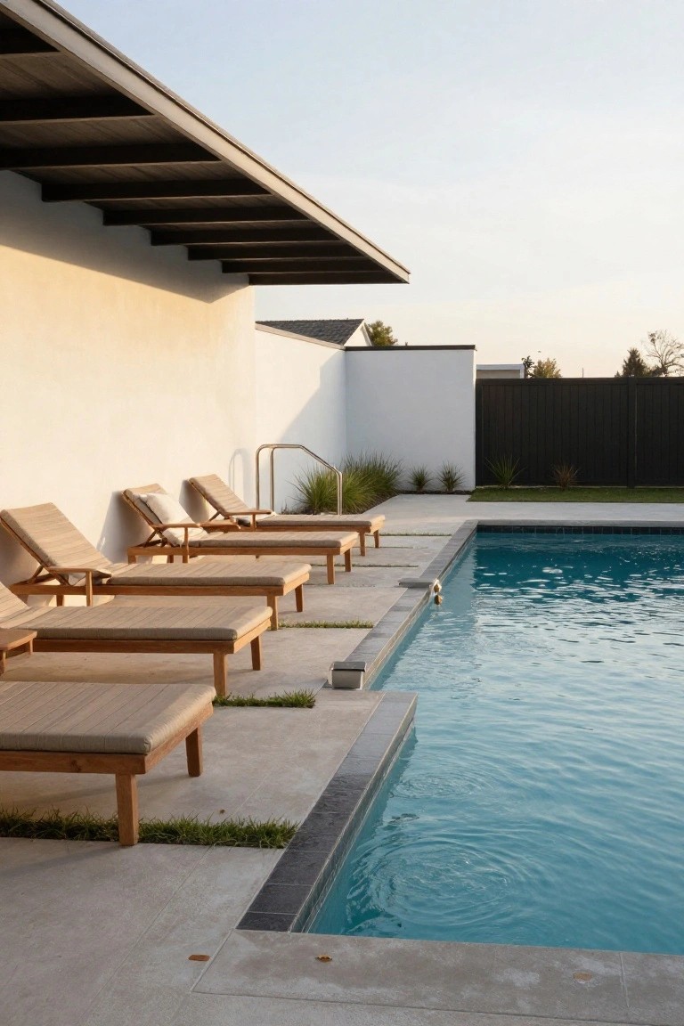 Row of beige-cushioned wooden lounge chairs aligned along the edge of a blue inground pool, next to a white stucco wall under a dark cantilevered roof, with concrete decking, sparse grass tufts, and black fence in the background.