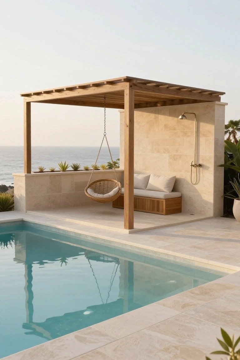 Wooden pergola with hanging rattan swing chair and cushioned bench beside turquoise inground pool, outdoor shower on beige stone wall, plants, and ocean horizon.