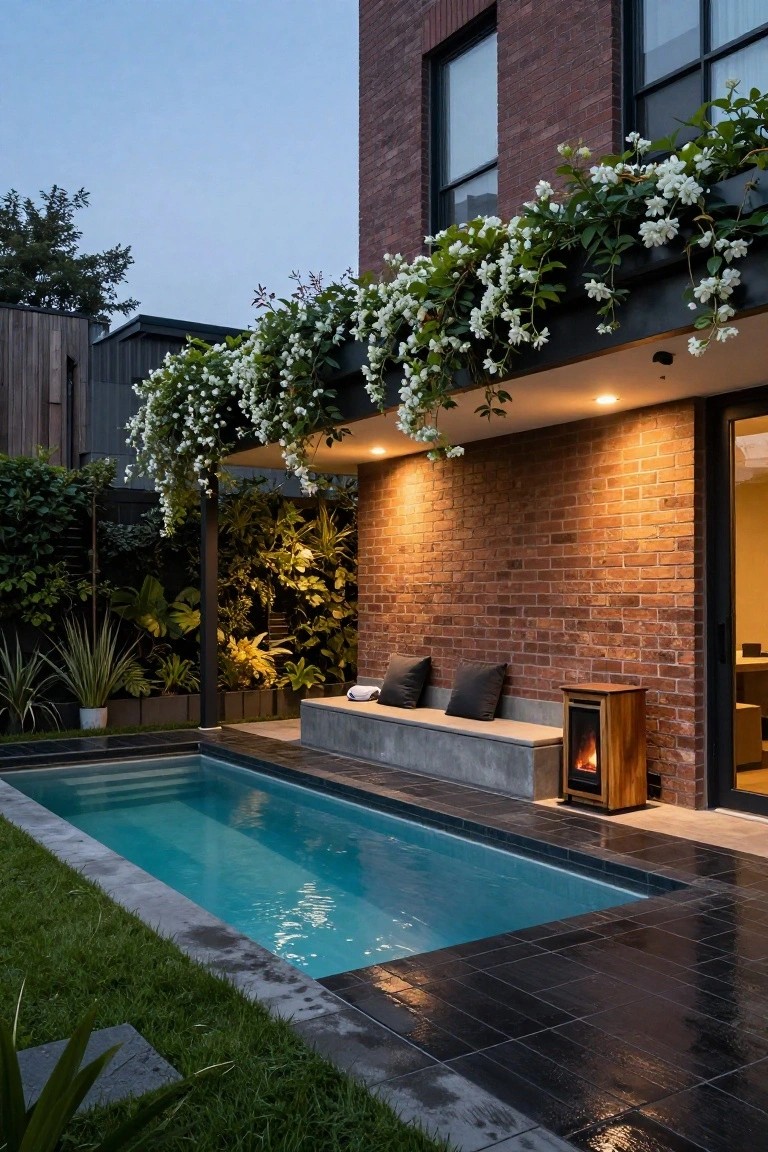 Narrow turquoise inground pool with steps next to a low concrete bench with black cushions, a tall wooden fire heater, greenery along a brick wall, and grass in a backyard at dusk.