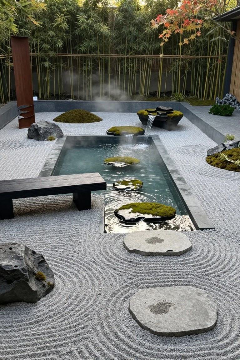Steaming rectangular inground pool with green water and floating moss pads, surrounded by raked white gravel, moss-covered rocks and boulders, stone stepping stones, black wooden bench, black ceramic water feature, and bamboo fencing.