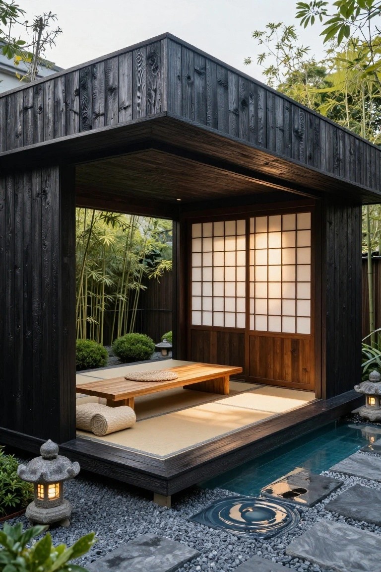 Black charred wood pavilion cabana featuring shoji screens, tatami floor with low wooden table and cushions, stone lanterns, bamboo plants, gravel ground, and a narrow blue water channel adjacent to it.