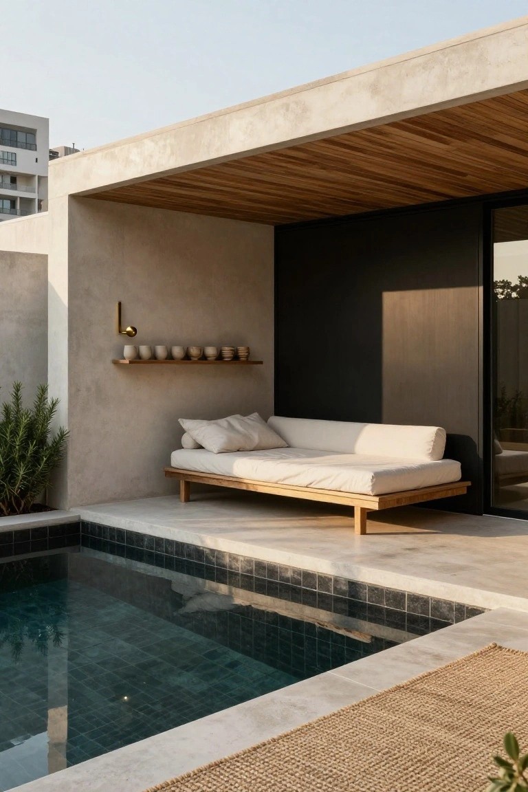 Covered outdoor patio with beige stucco walls and dark wood ceiling featuring a low wooden daybed with white cushions next to a small rectangular dark-tiled plunge pool, wooden wall shelf with ceramic cups, gold wall light, potted plant, and seagrass rug on concrete floor.
