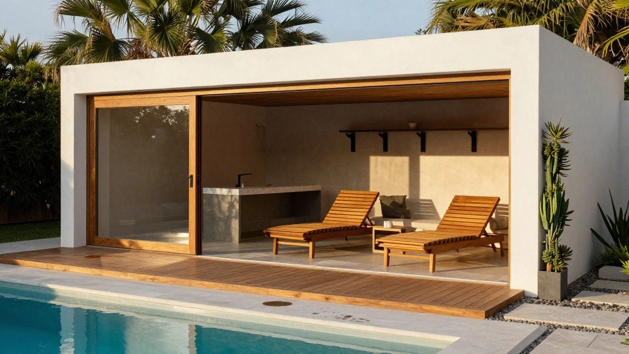 White stucco pool cabana with open floor-to-ceiling sliding glass doors revealing a marble bar countertop inside, adjacent wooden deck with teak loungers, potted succulent plant, and turquoise pool edged in stone pavers.