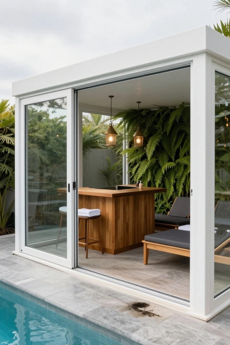 White rectangular pool cabana with sliding glass doors open to reveal wooden bar counter with stools, lounge chair, hanging lanterns, ferns on interior wall, tropical plants outside, and blue swimming pool on gray tiled patio.