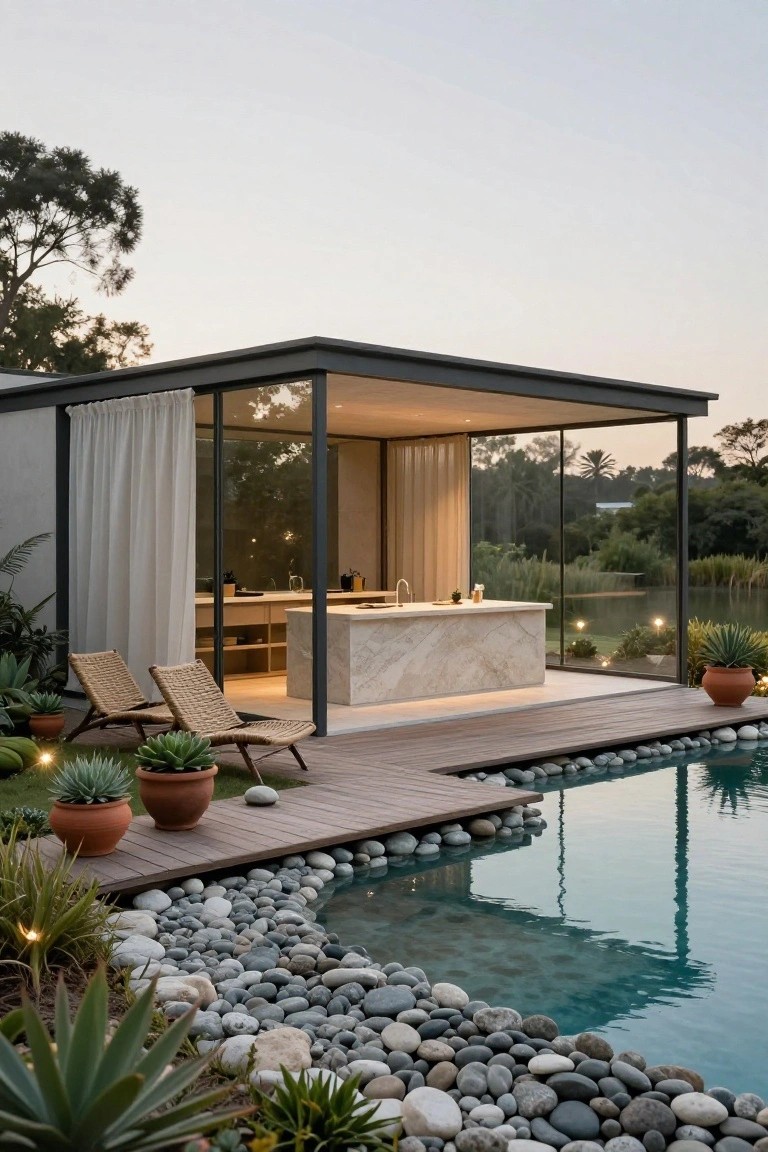Glass-walled pool cabana with stone bar counter and sheer curtains, adjacent to wooden deck with rattan chairs beside a pool edged in pebbles and agave plants.