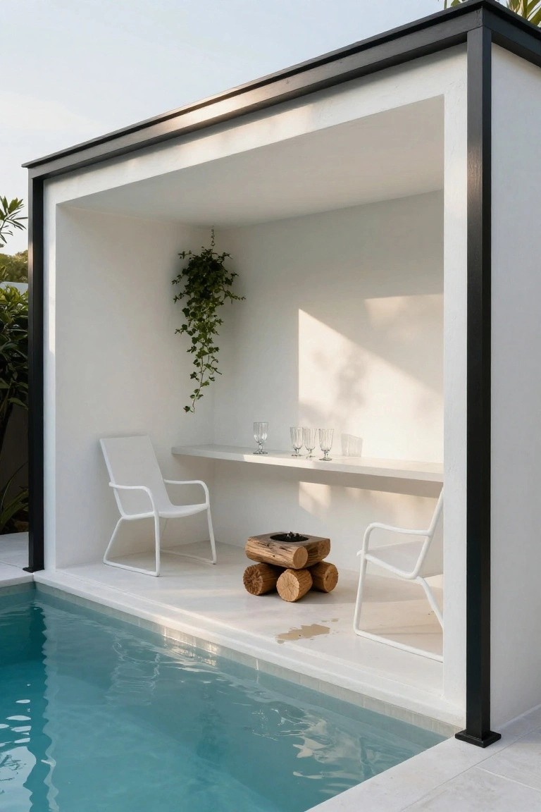 Black metal-framed white open-air cabana pavilion adjacent to a turquoise pool, with two white chairs, a wooden stool holding logs, hanging ivy, and glasses on a white shelf.