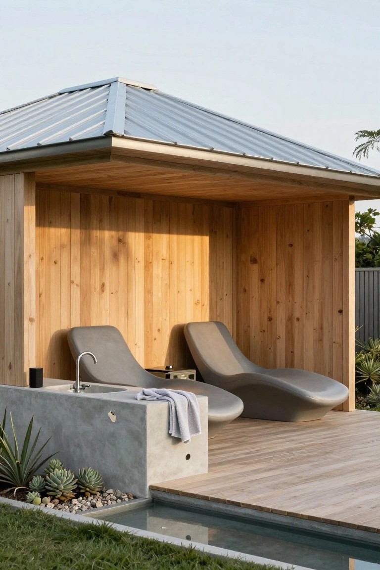 Open-sided wooden cabana with vertical timber walls, gray curved lounge chairs, concrete outdoor shower, wooden decking, and narrow water channel beside agave plants and grass.