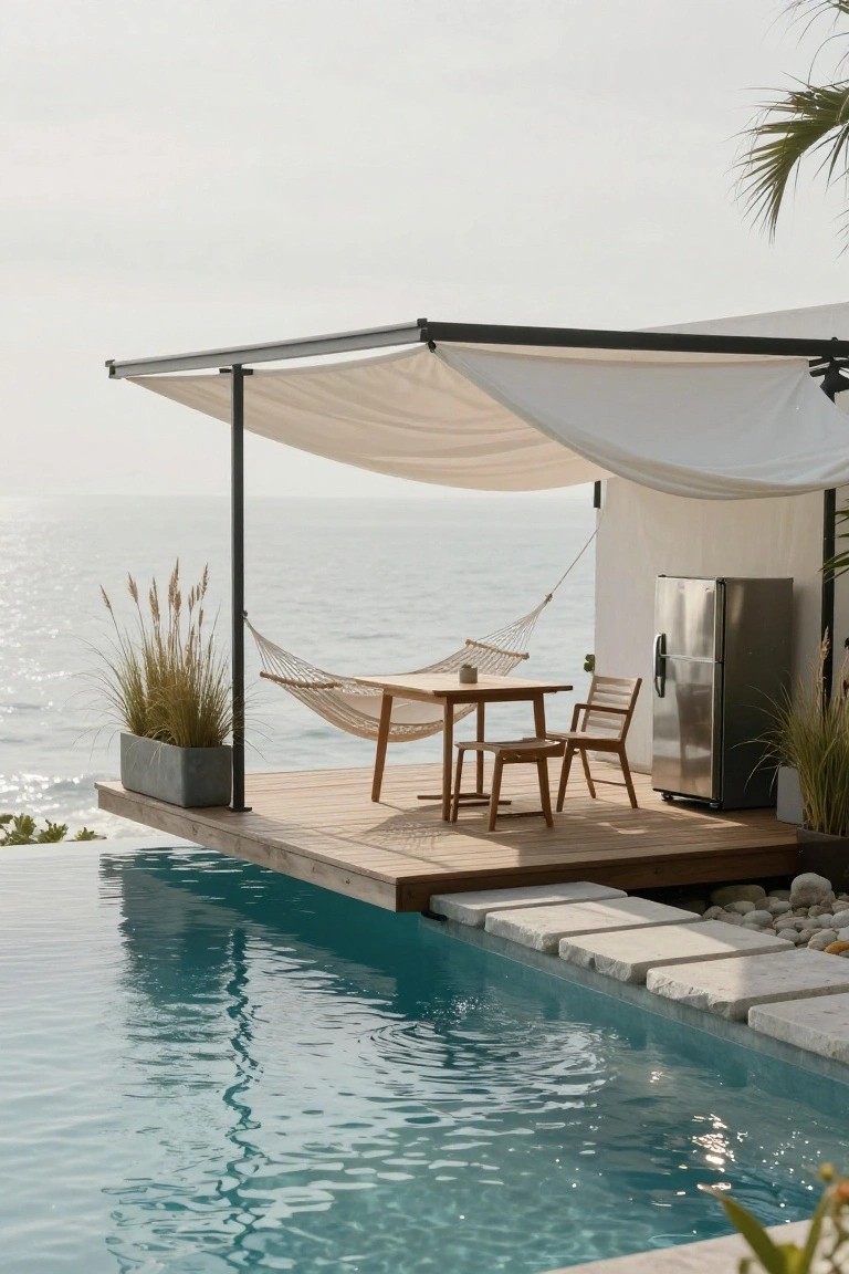 Wooden deck platform extending over a turquoise pool edge with white fabric canopy shade, hammock, wooden table and two chairs, potted grasses, stainless steel fridge against white wall structure, and ocean horizon beyond.