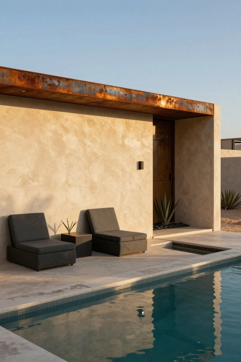 Beige stucco pool cabana with rusted metal roof overhang shading two modular gray lounge chairs, a small plant table, and agave plants on a tiled deck next to a turquoise pool.
