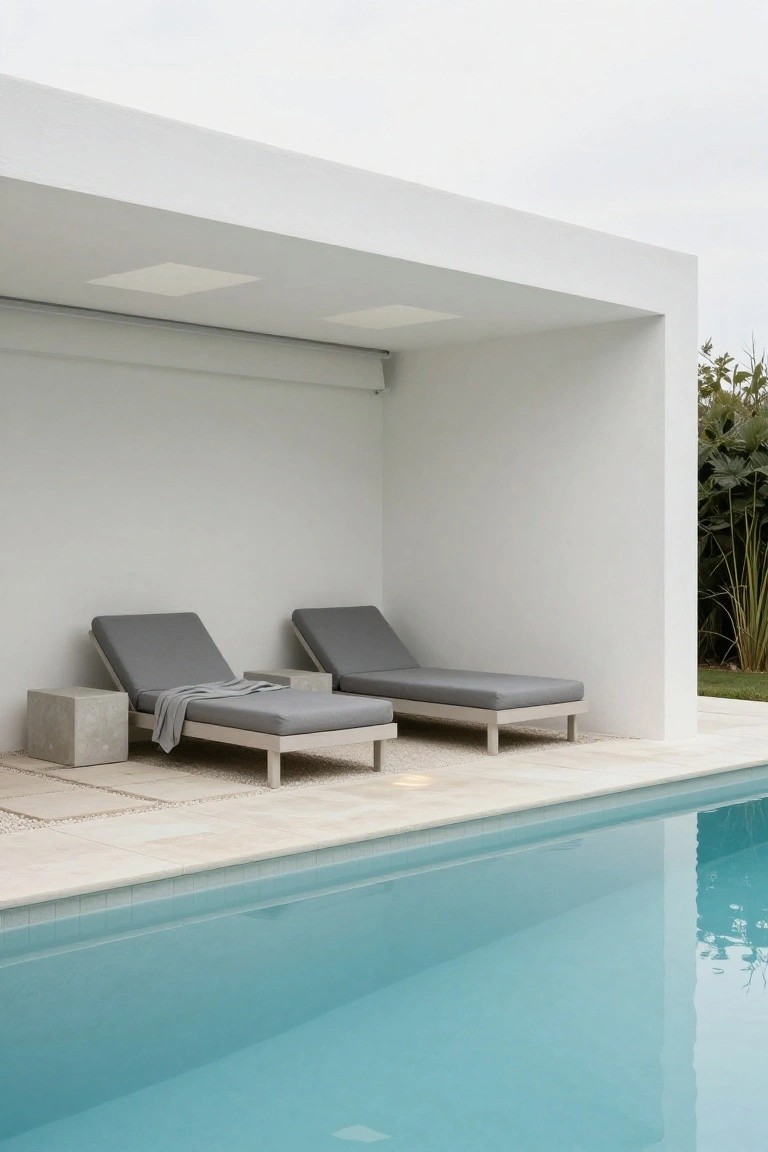 White minimalist cabana overhang sheltering two gray adjustable loungers with a concrete side table beside a turquoise pool edged in light stone tiles, with greenery in the background.