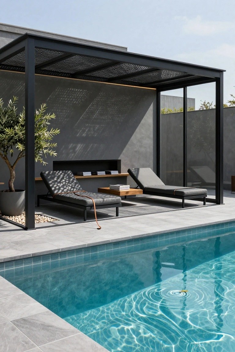 Black metal pergola with latticed roof covering two gray sun loungers and a side table on gray tiled deck next to turquoise pool, with potted olive tree and built-in bench.
