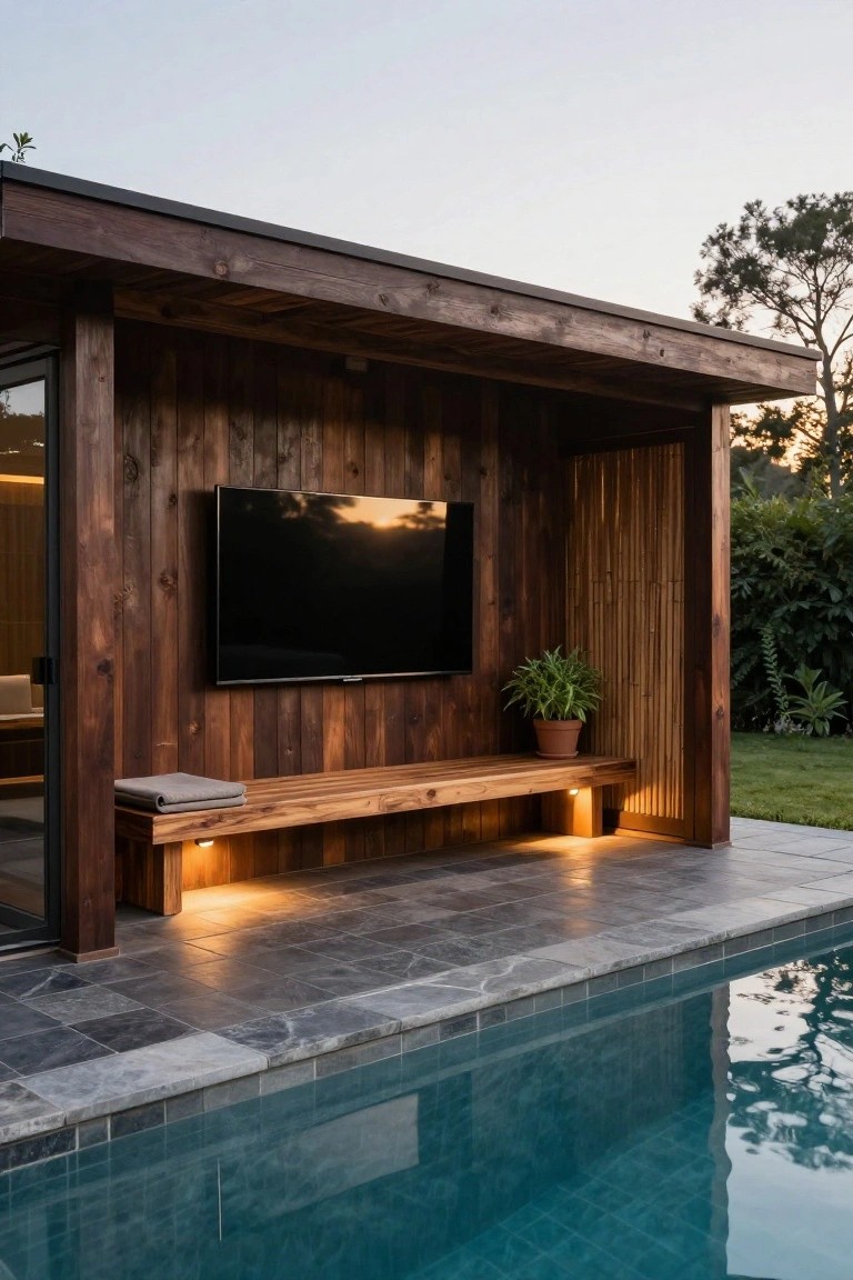 Wooden pool cabana with dark wood cladding, wall-mounted TV, potted plant on bench, folded gray towel, underlit wooden bench adjacent to gray slate pool deck and turquoise pool at dusk.