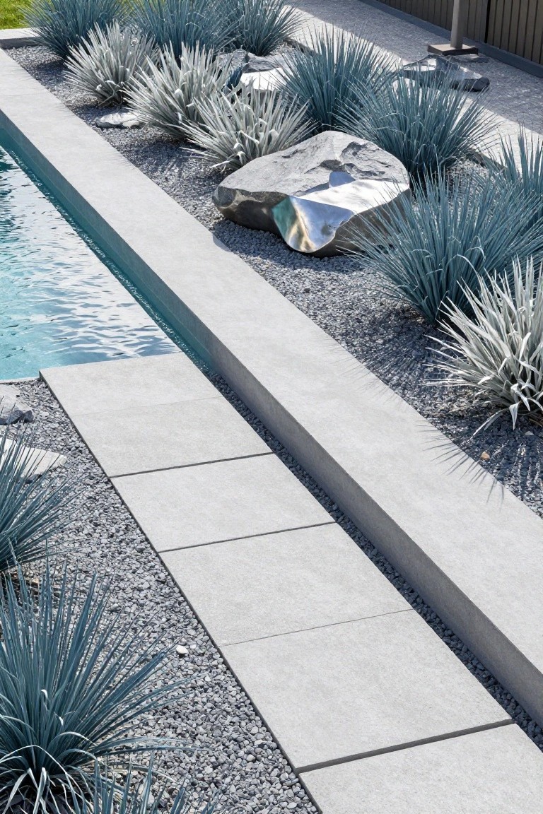 Pool edge with gray concrete slabs, white gravel beds planted with clusters of blue agave plants, large gray and metallic boulders, and narrow stone path.