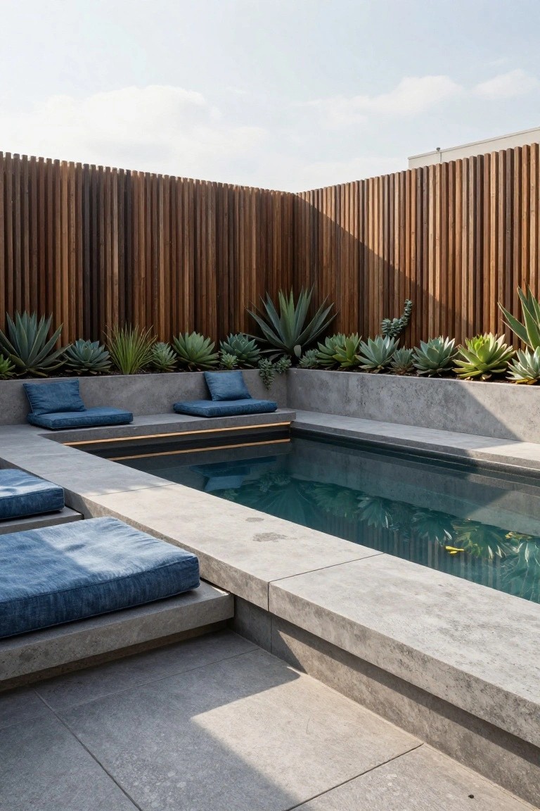 Small rectangular plunge pool with built-in gray concrete benches topped by blue cushions, surrounded by wooden slat privacy fencing and agave succulents.