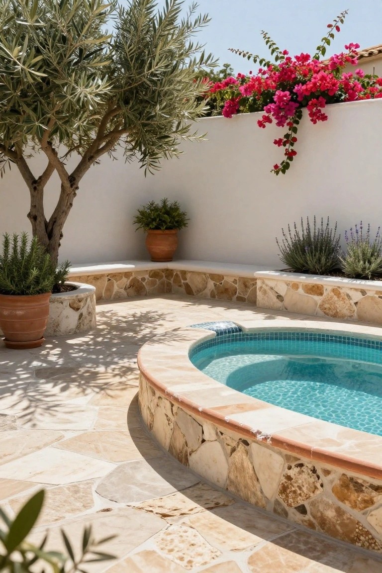 Curved turquoise-tiled spa pool with matching beige stone edging and built-in bench seating, surrounded by potted plants, olive trees, lavender bushes, and pink bougainvillea on a white wall.