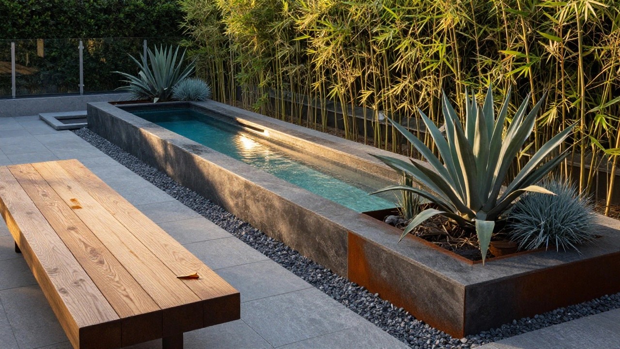 Narrow rectangular pool with dark stone edges and turquoise water, surrounded by pebble gravel, corten steel planters containing agave and succulent plants, bamboo screening in the background, glass fencing, and a long wooden bench alongside.