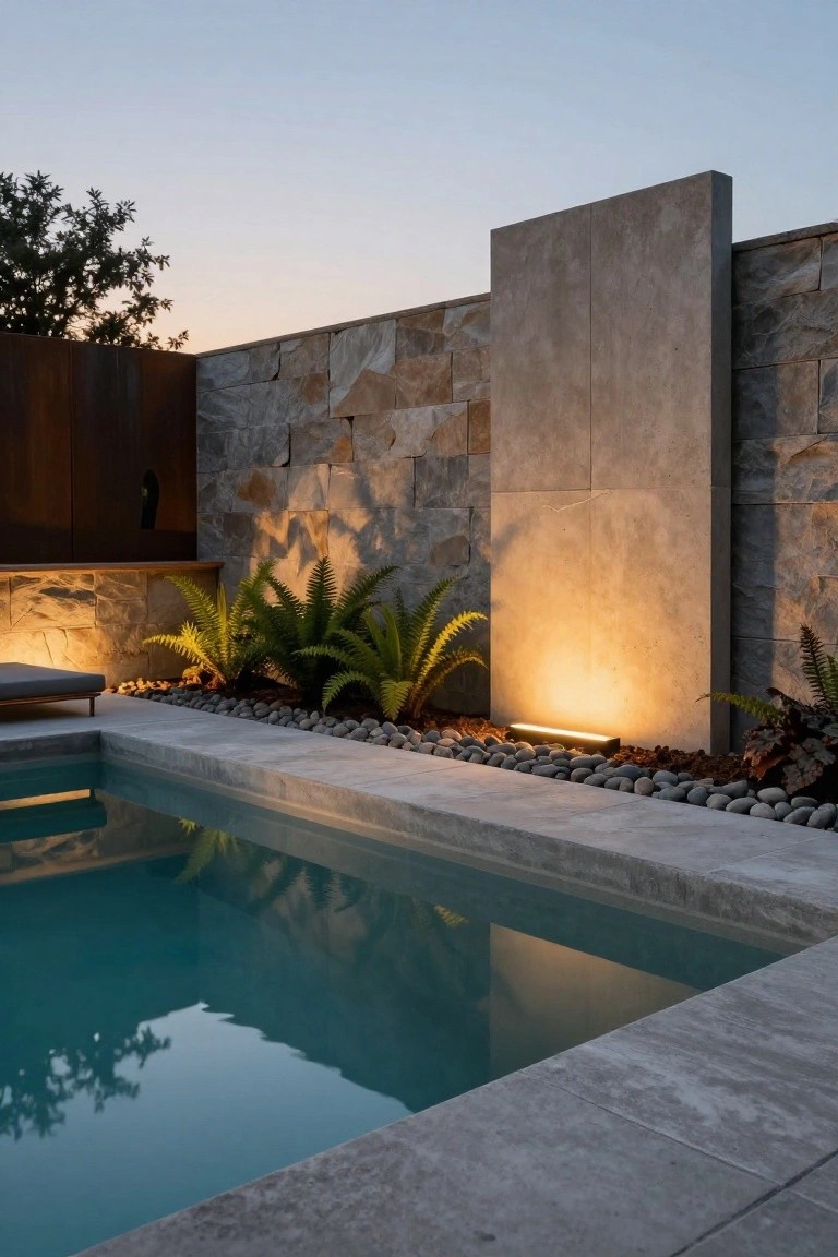 Backyard pool with turquoise water and concrete surround at dusk, featuring pebble borders with ferns, a tall concrete wall uplighted from below, linear LED lights along the pool edge, stone walls, and a single lounger chair.