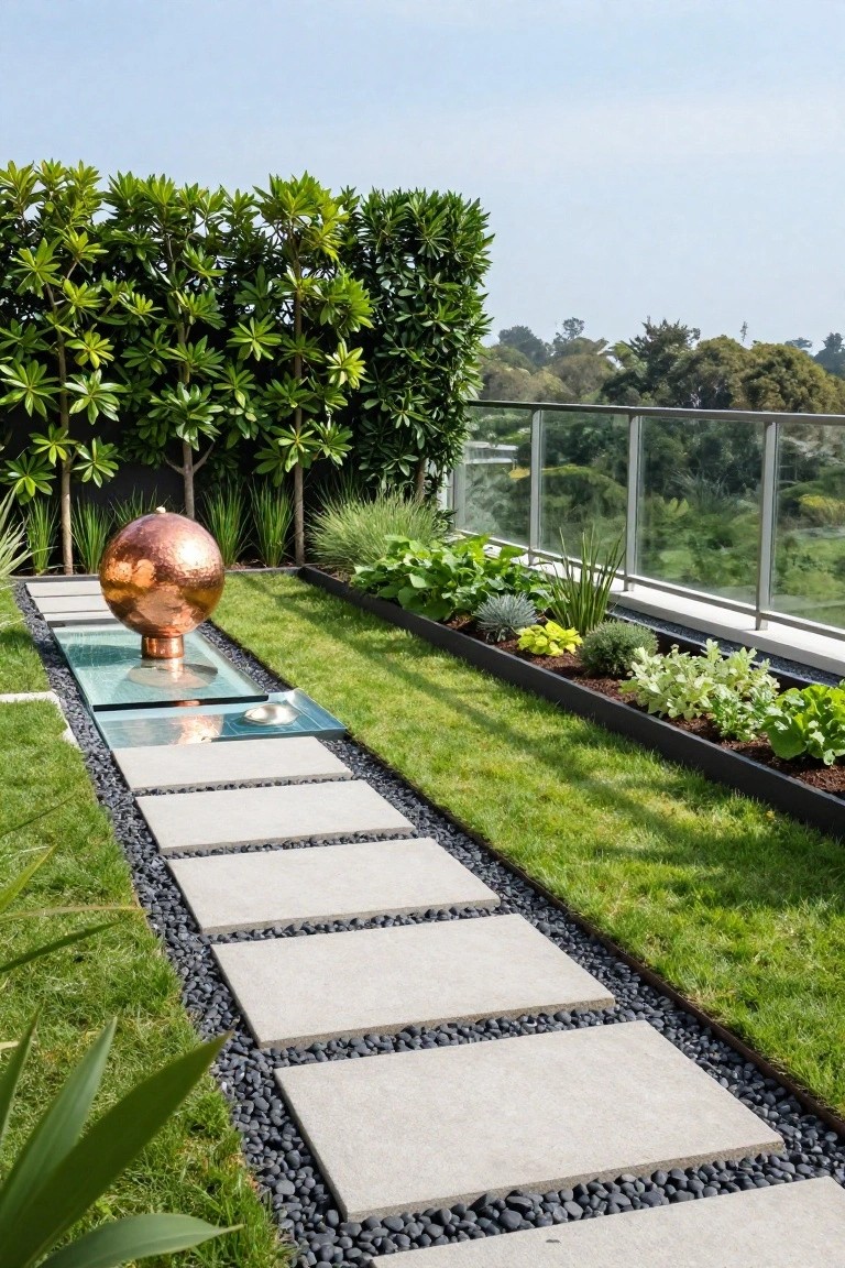Modern rooftop garden path of large concrete pavers inset in black gravel, flanked by grass lawn and black metal raised planters with vegetables and herbs, featuring a copper orb fountain on a glass platform and glass balustrade with hedges.