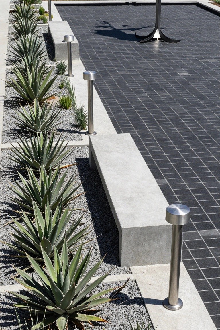 Row of agave plants in gravel mulch beds along the edge of a black-tiled pool deck, with concrete benches, stainless steel bollard lights, and a sculptural metal fixture nearby.