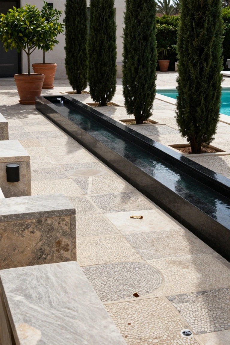 Long narrow black stone water channel along a tiled poolside patio with stone benches, cypress trees in planters, terracotta pots, and a swimming pool in the background.