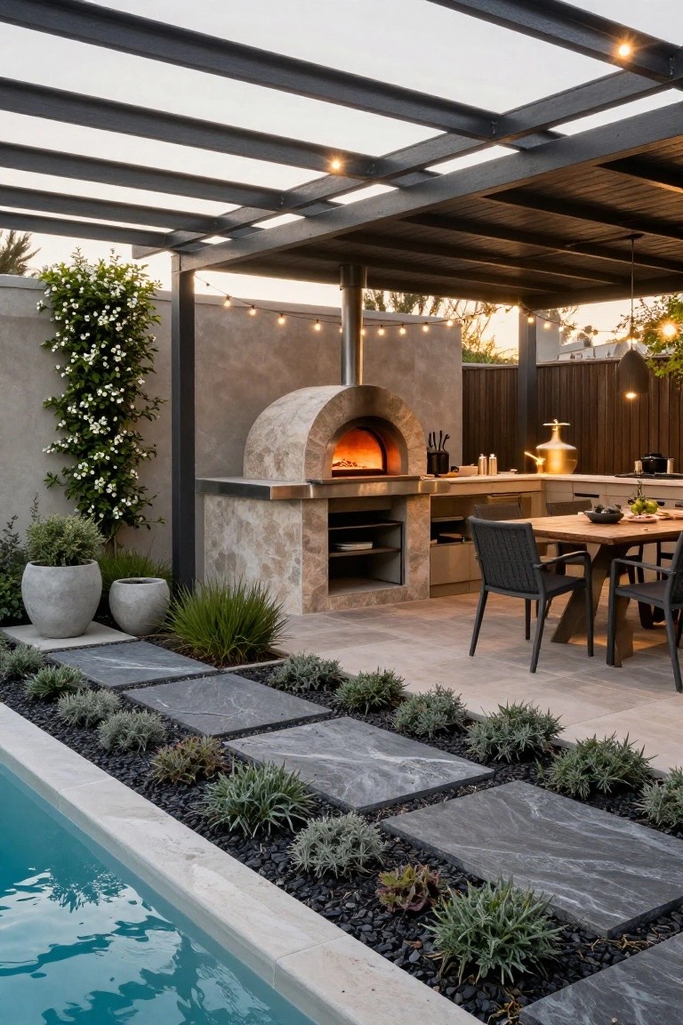 Outdoor pool area with wood-fired pizza oven built into stone kitchen counters, dining table with chairs under black steel pergola with string lights, low succulent plantings along dark stone paver path edging the pool.
