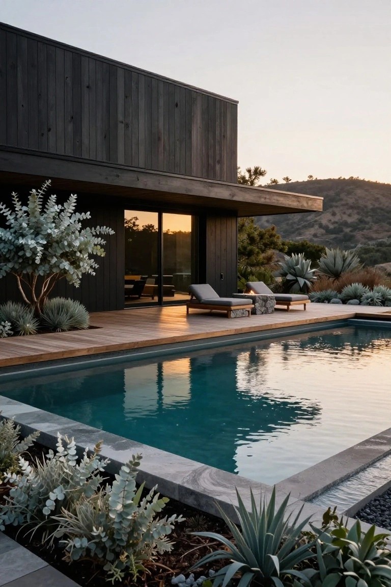 Modern black wood house with sliding glass doors opening to a wooden deck holding two cushioned lounge chairs and a stone fire table, next to a turquoise rectangular pool edged in gray stone and surrounded by agave plants and silver-leaf shrubs on a hillside at sunset.
