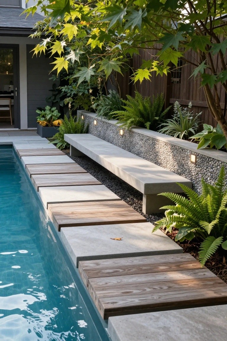 Close view of a turquoise pool edge with gray concrete slabs and light wood stepping platforms leading to a long concrete bench against a low pebble-faced wall with built-in lights, ferns, and overhanging trees.