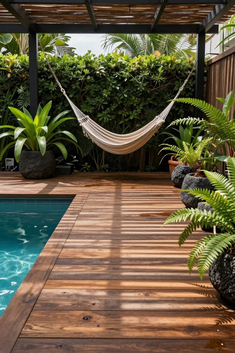 White hammock suspended from black metal pergola over wooden deck adjacent to turquoise pool, with tropical plants in black rock pots and green hedge in background