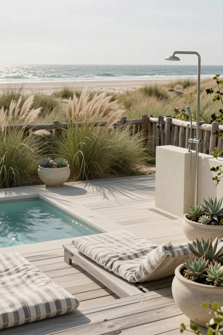 Small turquoise pool on a light wooden deck next to a stainless steel outdoor shower post, with striped loungers, potted succulents, tall beach grasses, and ocean view in the background.