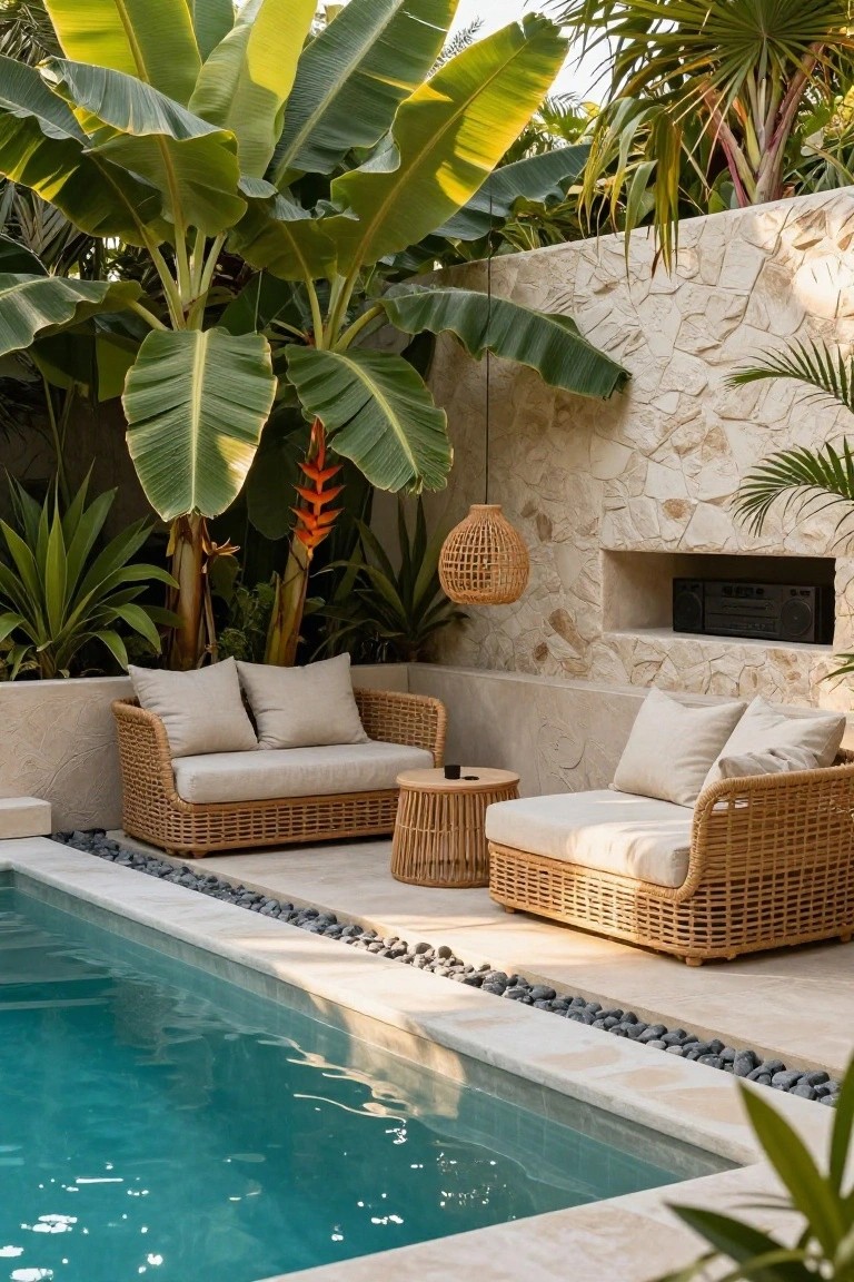 Turquoise pool edged with black pebbles and light stone tiles, featuring rattan loveseat and chairs with beige cushions, low table, against textured stone wall with tropical plants and hanging lantern.