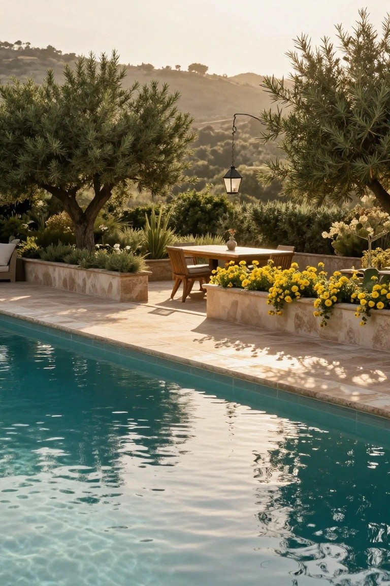 Turquoise pool edged by beige stone deck with raised stone planters overflowing yellow flowers, wooden dining table and chairs nearby, olive trees, hanging lantern, and hillside greenery in background.