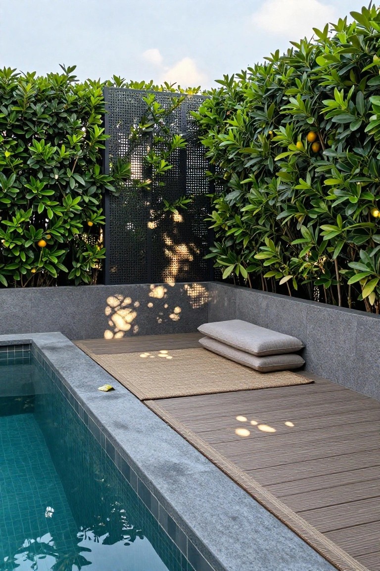 Turquoise-tiled pool with gray stone ledge edged by wooden decking and straw mats, stacked beige cushions on the ledge, surrounded by dense green hedges with small oranges and a tall black metal mesh screen.