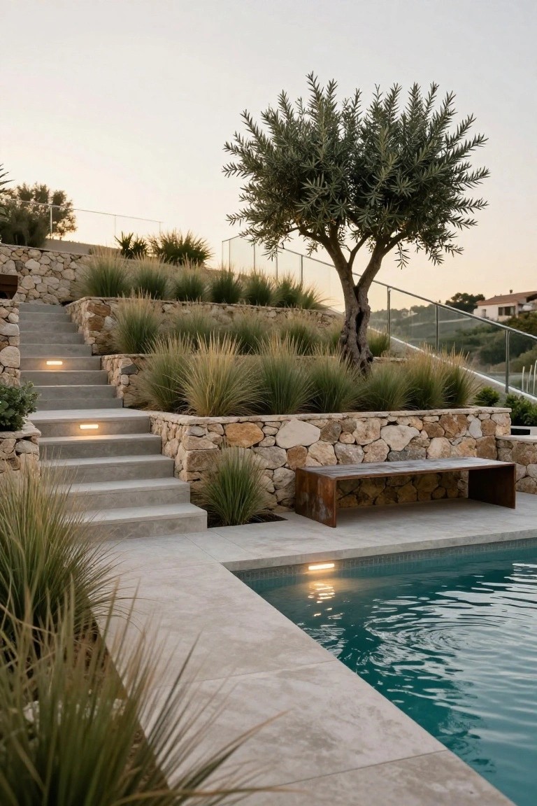 Concrete stairs with integrated lighting descend a terraced slope lined by stone walls filled with ornamental grasses and featuring a central olive tree, adjacent to a rectangular turquoise pool and a metal bench.